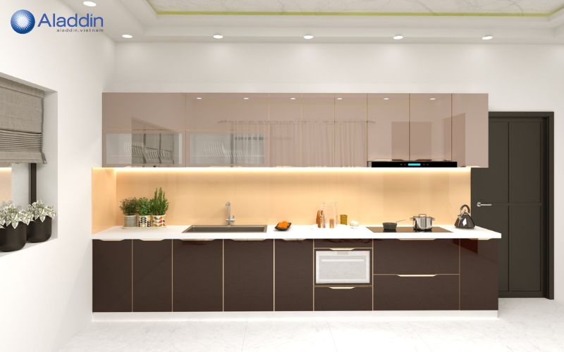 Mẫu tủ bếp inox cánh kính chữ I